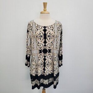 Dressbarn Womens 3/4 Sleeve Paisley Print Tunic Top Plus Size 1X‎ Beige Black